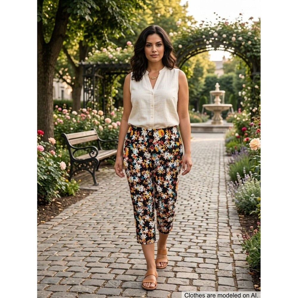 Zac & Rachel Black Multicolor Floral Capri Pants Slim Fit Stretch